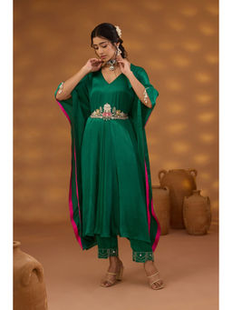 ISHA GUPTA TAYAL - Green Kamal Talai Drape Kaftan and Pant Set with Belt