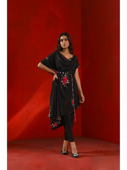 ISHA GUPTA TAYAL - Black Black Magnolia Printed Drape Kurta and Pant with Dupatta