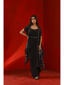 ISHA GUPTA TAYAL - Black Black Magnolia Drape Dress and Cape with Belt Set