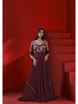 ISHA GUPTA TAYAL - Wine Mahagony Wine Embroidered Anarkali and Dupatta Set