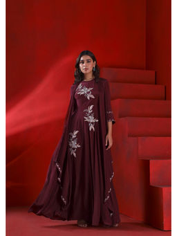 ISHA GUPTA TAYAL - Wine Mahagony Embroidered Anarkali and Pant Set