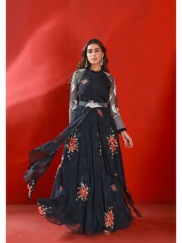 ISHA GUPTA TAYAL - Blue Printed and Embroidered Anarkali Dress