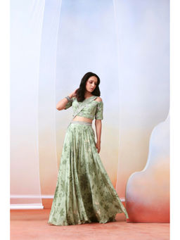 ISHA GUPTA TAYAL - Green Printed and Embroidered Top and Sharara Set with Dupatta
