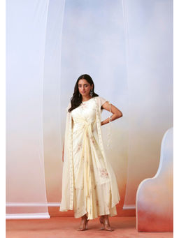 ISHA GUPTA TAYAL - Off White Printed Drape Dress with Embellished Cape