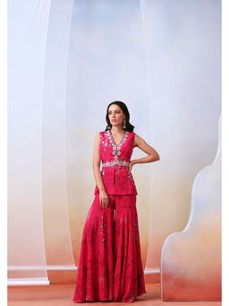 ISHA GUPTA TAYAL - Pink Printed and Embroidered Top and Sharara Set with Drape Dupatta