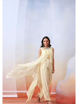 ISHA GUPTA TAYAL - Off White Top and Pant Set with Embellished Drape Cape