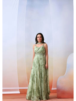 ISHA GUPTA TAYAL - Green Printed Drape Gown and Dupatta with Belt Set