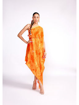 ISHA GUPTA TAYAL - Orange One Shoulder Embroidered Dress