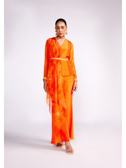 ISHA GUPTA TAYAL - Orange Tangerine Top and Pant Set with Jacket and Belt