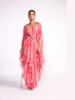 ISHA GUPTA TAYAL - Pink Watermelon Drape Dress with Cape Set