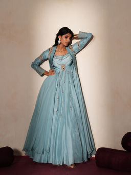 ISHA GUPTA TAYAL - Blue Kanchan Anarakli and Jacket Set