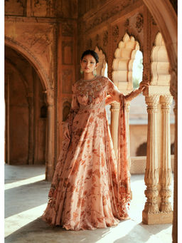 ISHA GUPTA TAYAL - Peach Saaz Anarkali Gown and Dupatta with Belt