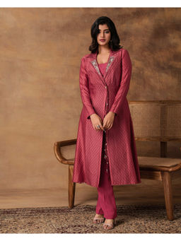 ISHA GUPTA TAYAL - Pink Gul Printed Booti Chanderi Jacket Style Kurta and Pant Set