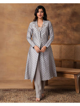 ISHA GUPTA TAYAL - Grey Chaand Printed Booti Chanderi Jacket Style Kurta and Pant Set