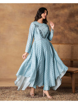 ISHA GUPTA TAYAL - Blue Zeenat Chanderi Asymmetric Anarkali and Pant Set