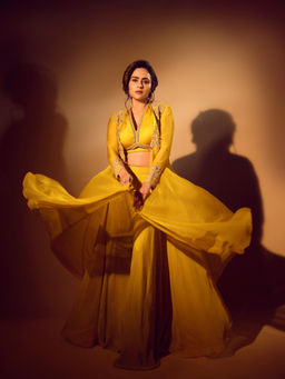 ISHA GUPTA TAYAL - Yellow Amruta Khanvilkar In Mastani Top and Sharara and Jacket Set