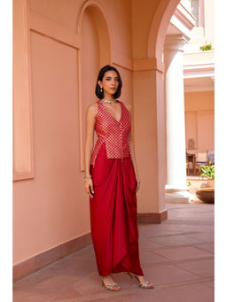 ISHA GUPTA TAYAL - Red Aiza Waistcoat and Skirt Set with Jacket
