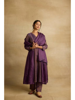 Rhua India - Alani A Jamun Purple Tissue Chanderi Gathered Kurta and Pant with Kota Silk Dupatta