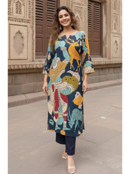 Ishnya - Printed Straight Fit Navy Blue Kurta With Pant