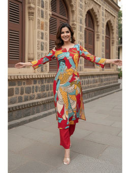 Ishnya - Printed Straight Fit Red Kurta With Pant