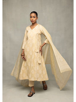 Sutra Art of Clothing - Sahara Gold Hand Block Printed Angrakha Kurta Set with Dupatta