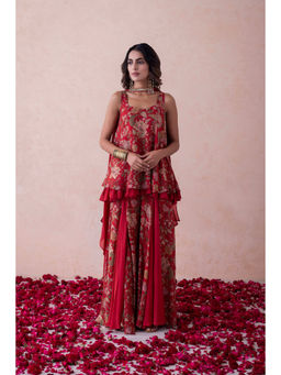 LABEL NAARITI - Red Amina Floral Top and Sharara with Dupatta
