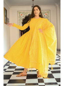 LABEL MAE - Yellow Anarkali With Pant And Dupatta