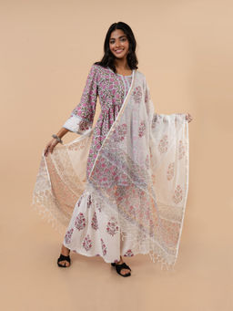 Meeta's - Floral Lavender Hand Block Print Kurta with Sharara and Dupatta