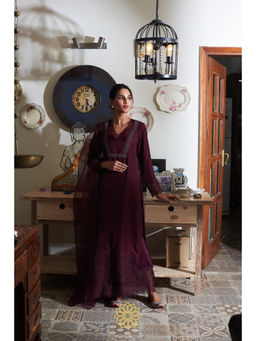 Rhua India - Wine Garnet Silk Kurta and Sharara with Dupatta