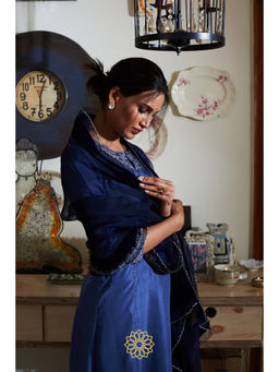 Rhua India - Midnight Blue Silk A-Line Kurta and Pant with Dupatta