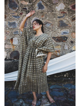 Meeta's - Chrysanthemum Green Hand-Block Print Cotton Kaftan