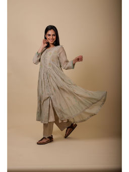 Rhua India - Beige Aashi Almond Handprinted Chanderi Mul Anarkali and Pant with Scarf and Slip