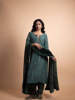 Rhua India - Misha Green Silk Embroidered Kurta and Pant with Dushala