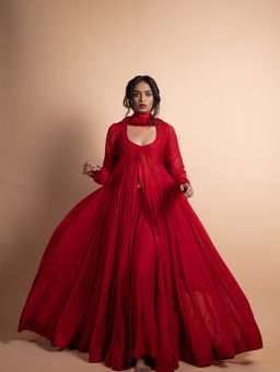 Rhua India - Red Chanderi Embroidered Anarkali and Pant Set