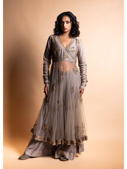 Rhua India - Aashna Soft Grey Chanderi Silk Embellished Anarkali and Sharara with Dupatta