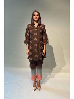 Rukinder Kumar - Cocoa Floral Brown Kurta With Pant And Slip