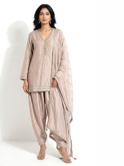 Basanti Kapde aur Koffee - Beige Chanderi Kurta With Dhoti Salwar And Dupatta