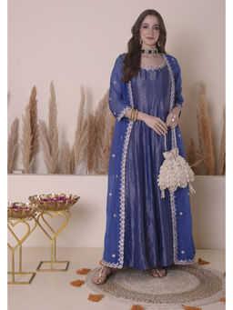 SURABHI ARYA - Blue Organza Embroidered Anarkali with Jacket