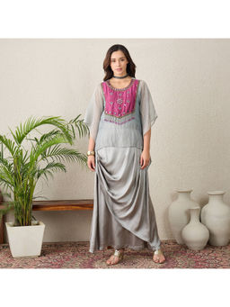 First Resort by Ramola Bachchan - Grey and Purple Hand Embroidered Kaftan Top with Skirt