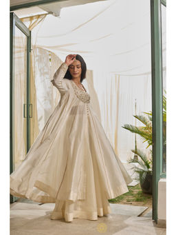Rhua India - Chahat Moon White Chanderi Anarkali and Sharara with Inner Top