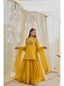 Rhua India - Mustard Straight Embellished Kurta and Pant with Dupatta