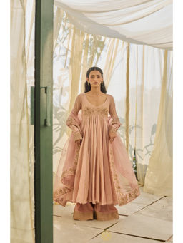 Rhua India - Niyaz Soft Pink Tissue Chanderi Anarkali and Sharara with Dupatta with Dupatta