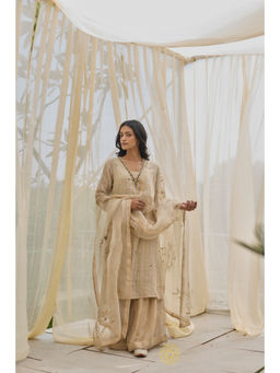 Rhua India - Beige Embroidered A-Line Kurta and Sharara with Dupatta