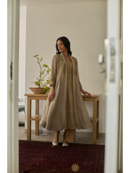 Rhua India - Sanat Almond Tissue Chanderi Embellished Kurta and Pants with Jacket