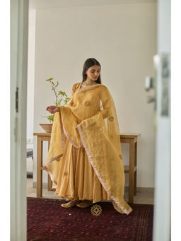 Rhua India - Savi Canary Yellow Mul Chanderi Anarkali and Pant with Dupatta