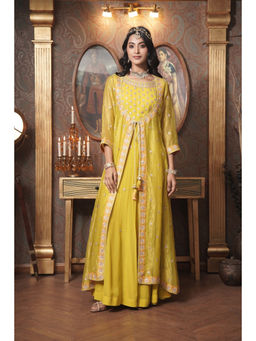 SURABHI ARYA - Yellow Tissue Embroidered Anarkali with Jacket