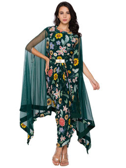 Soup by Sougat Paul - Gulista Drape Green Maxi Dress With Belt And Cape