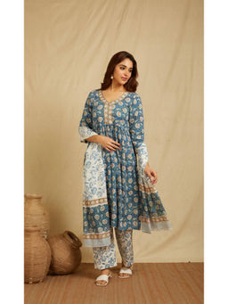 Meeta's - Adika Blue Hand Block Print Cotton Kurta with Pant and Dupatta