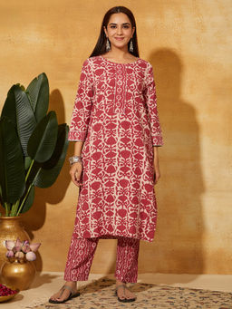 Meeta's - Red Hand Block Printed Cotton Kurta with Pants