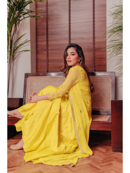 SURABHI ARYA - Yellow Chanderi Silk Embroidered Anarkali with Jacket